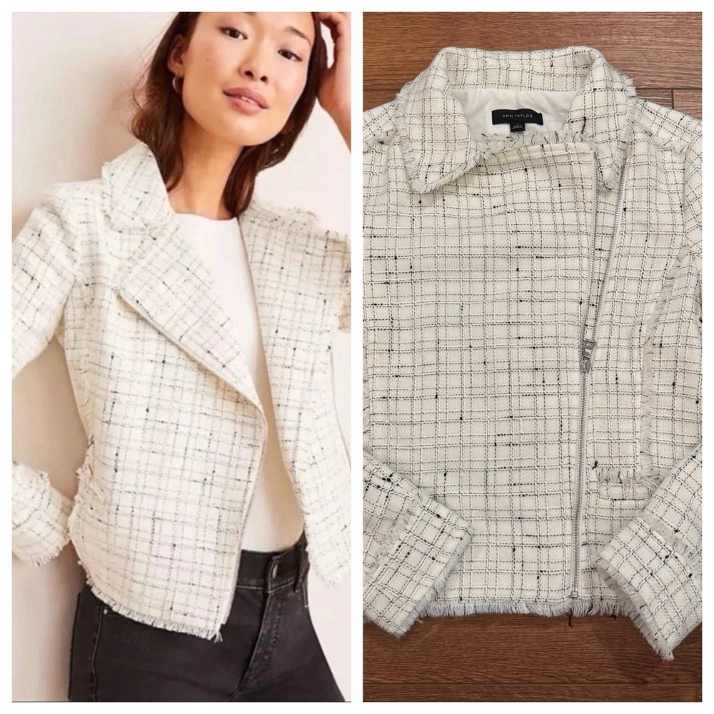 Ann Taylor Tweed Blazer Womens Size 4 Jacket Career Office White Black Gold Moto